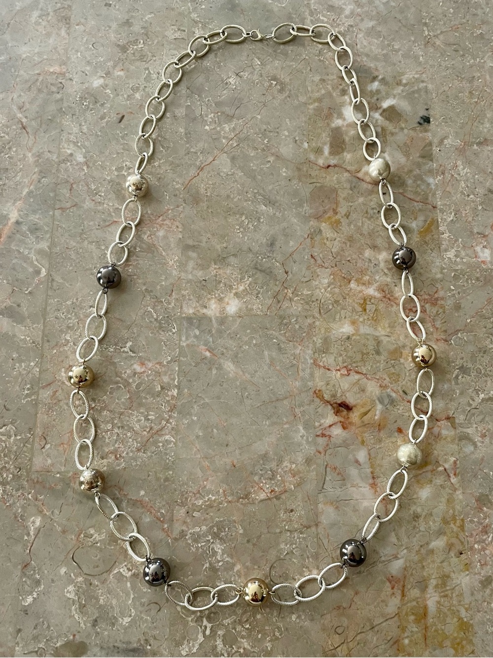 Tri-Tone Beaded Link Necklace - Silver Chain with Gold & Gunmetal Beads